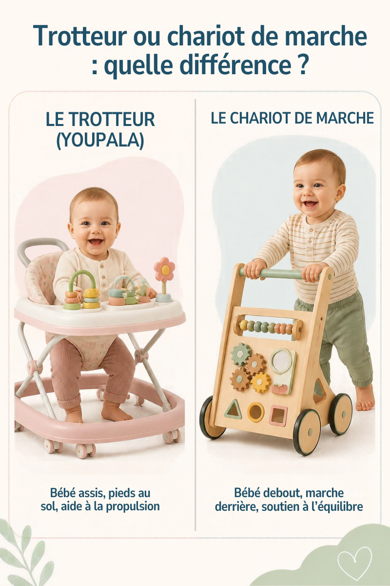 Comparaison entre un trotteur bebe a siege a roulettes et un chariot de marche bebe
